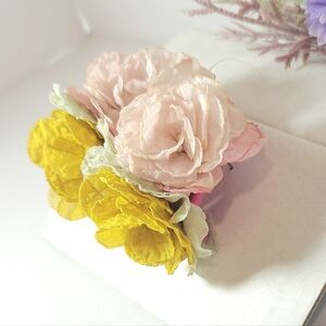 Vintage Handmade Pink & Yellow Lace Flower Half Hoop Earrings Statement Earrings